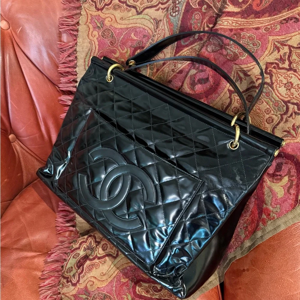 Chanel Quilted Patent Leather Frame Tote, Black